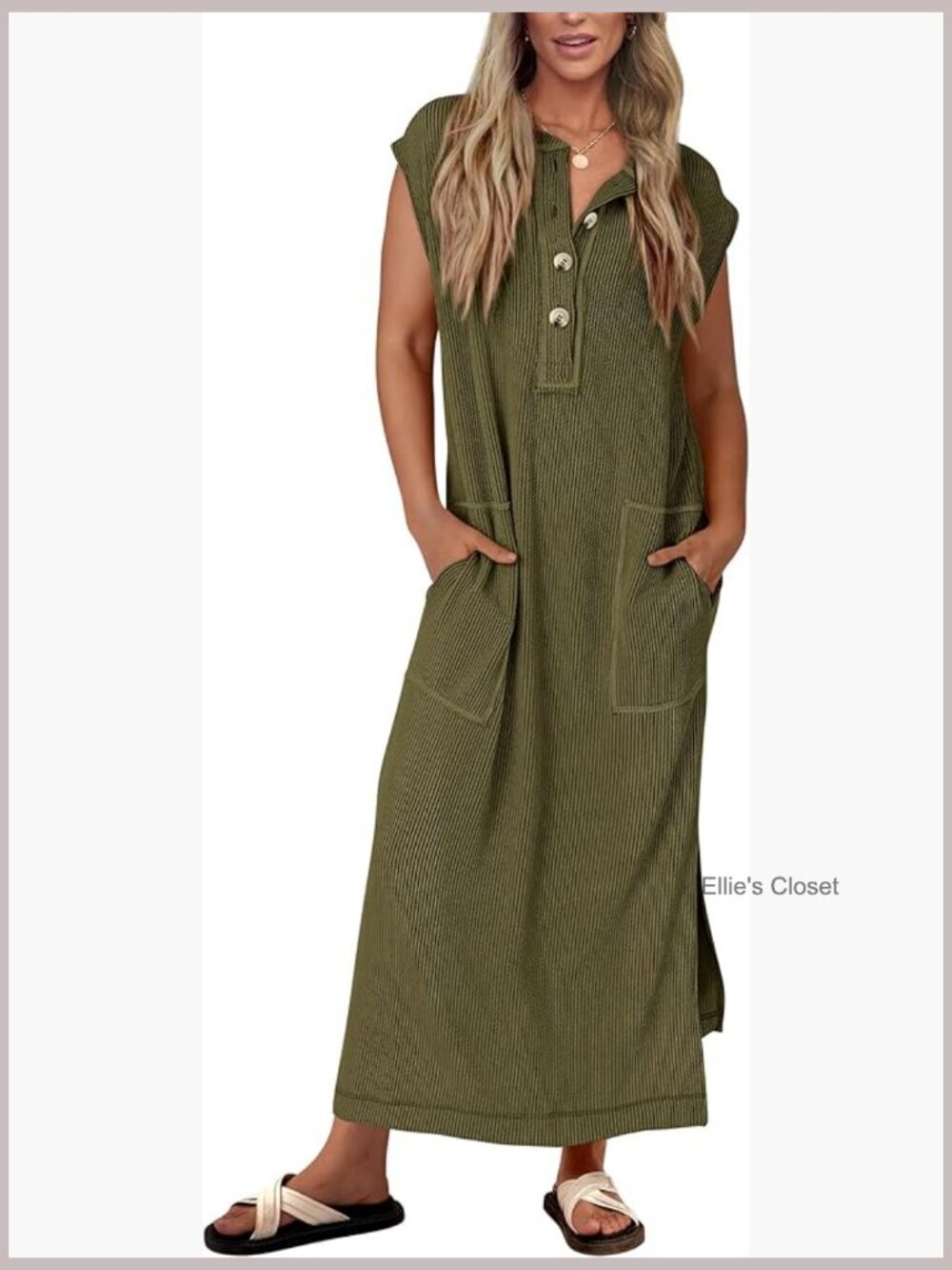 Ribbed Knit Henley Short Sleeve Maxi Dress Button Up Loose Beach Vacation
